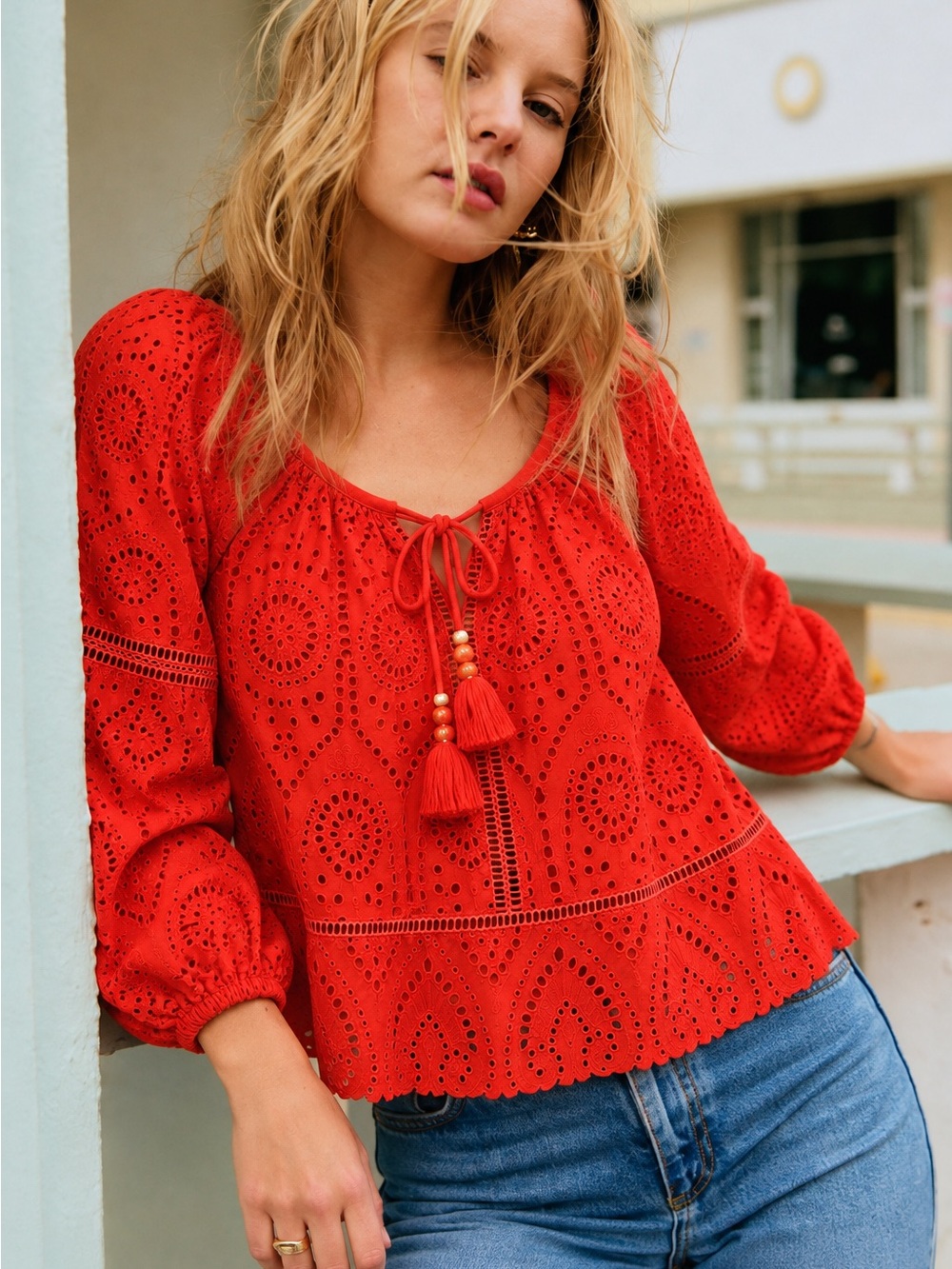 Sézane Red Eyelet Embroidered Blouse Size L